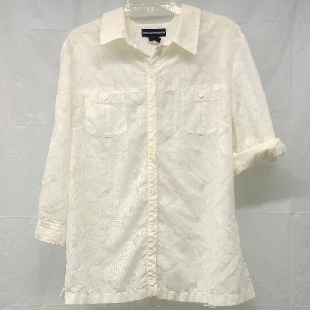 Button-Up Shirt Top Monochrome Leaf Print Button Tab Sleeve Cotton Blnd Bohemian